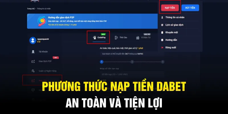 Phương thức nạp tiền Dabet an toàn và tiện lợi